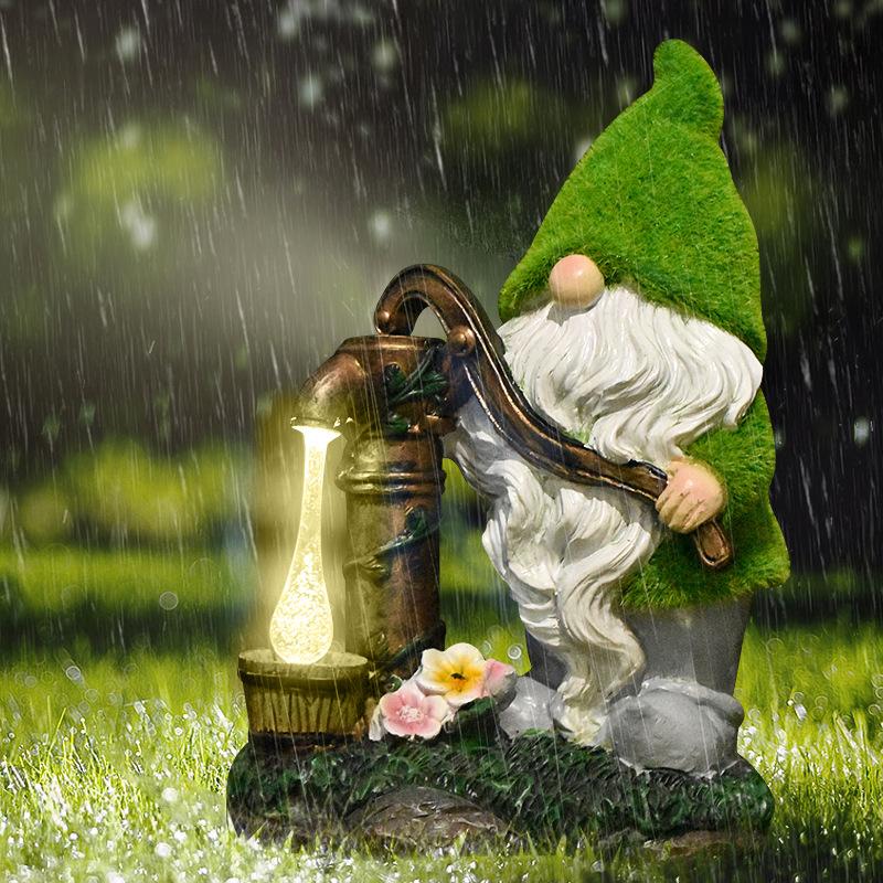 JYL TS/069,Creative Flocked Well Pump Gnome Solar Outdoor Light for Garden Path Statue Decor
