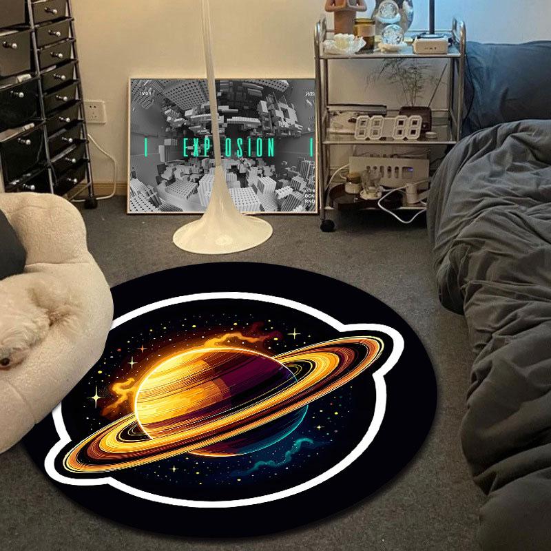 Cute Saturn Planet Ring Black Round Rug, Gold Cozy Style, Perfect for Small Apartment Balcony and Terrace with Cozy with Warmth with Cool Shade