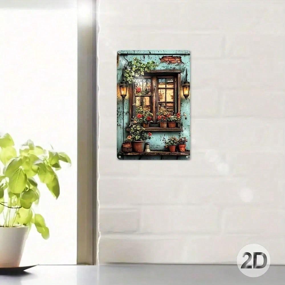 Ventana Rústica Vintage Flor Metal Arte de Pared Impermeable Decoración de Granja Señal