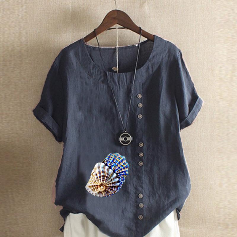 Women's Fashion Round Neck Short Sleeve T-shirt Casual Cotton Linen Graphic Shirt Leisure Loose Conch Prined Summer Blouse Tops