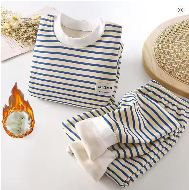 Baby Plush Children's Pajamas Solid Color Long Sleeved Pants Breathable Pajamas for Boys and Girls Casual Wear