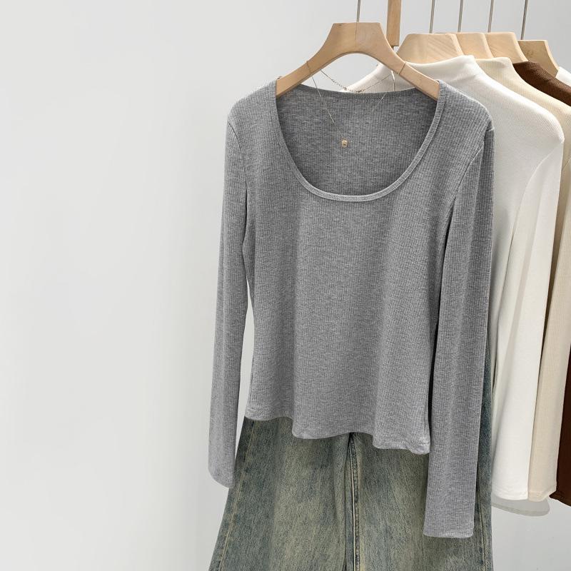 

Korean Style U-Neck Base Layer Women s Top - Autumn Winter 2025, Long Sleeve T-Shirt Large серый/цветочный