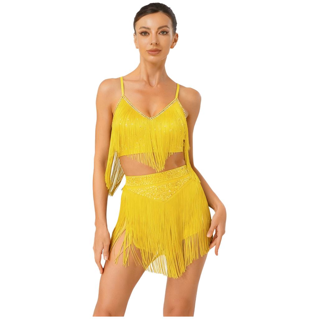 Womens Salsa Latin Dance Performance Costume V Neck Sleeveless Crisscross Back Fringe Crop Top Tiered Tassels Skirt