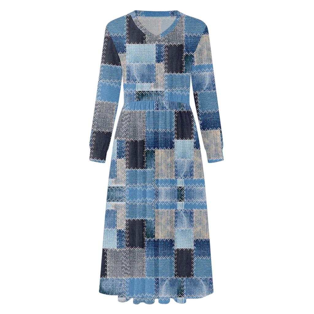 Dress For Women Long Boho Beach Dress Elegant Maxi Dress V-Neck Long Sleeve Dress With Pockets