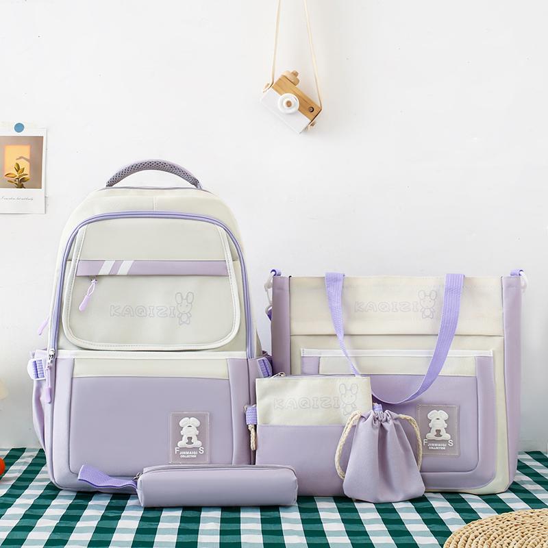 Five-Piece Backpack Set Student Schoolbag Women's Color Block Backpack Large Capacity Backpack