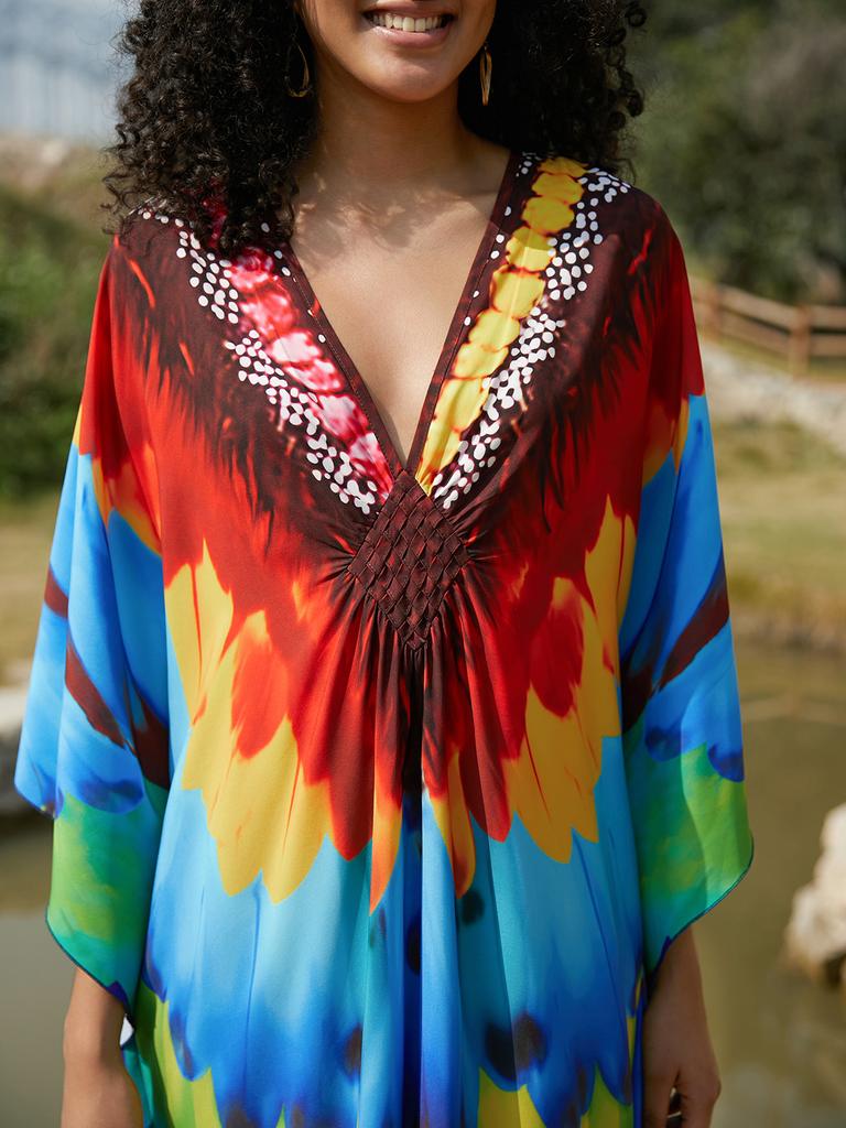 EDOLYNSA 2025 Elegant Print Plus Size Kaftan Women's Retro V-Neck Woven Batwing Sleeve Long Dress Sexy Beach Swimsuit Cover-up Q1634-8774-11