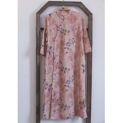 Mulher primavera nicho meia manga casual personalidade vestido impressão vintage estilo chinês vestido