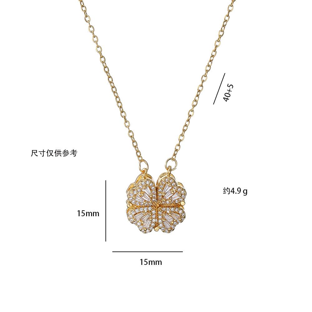 Women's Japanese Korean Folding Fashion Two-Wearing Four-Leaf Flower Heart-to-Heart Clavicle Necklace Zircon Copper Water-Wave