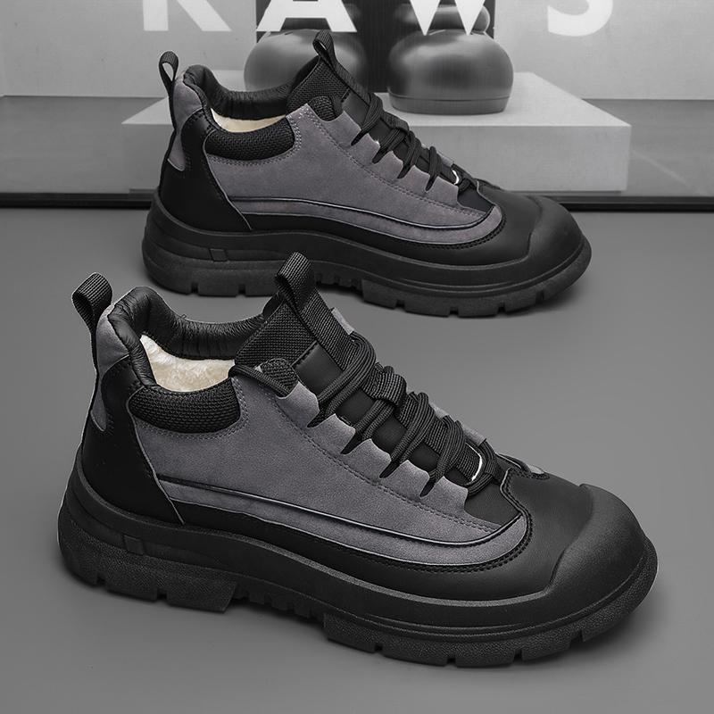 FashionMen Ankle Boots Lace Up British Casual Platform Leather Men Black Motorcycle Boots Winter Cotton Keep Warm Men Ankle Shoes