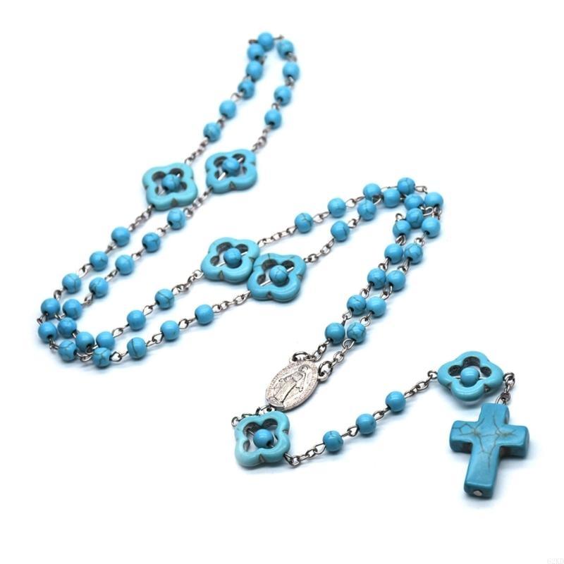 62KD Catholic Turquoise Rosary Necklace Mary Charm Round Bead for Cross Necklaces Religious Praying Fashion Jewelry
