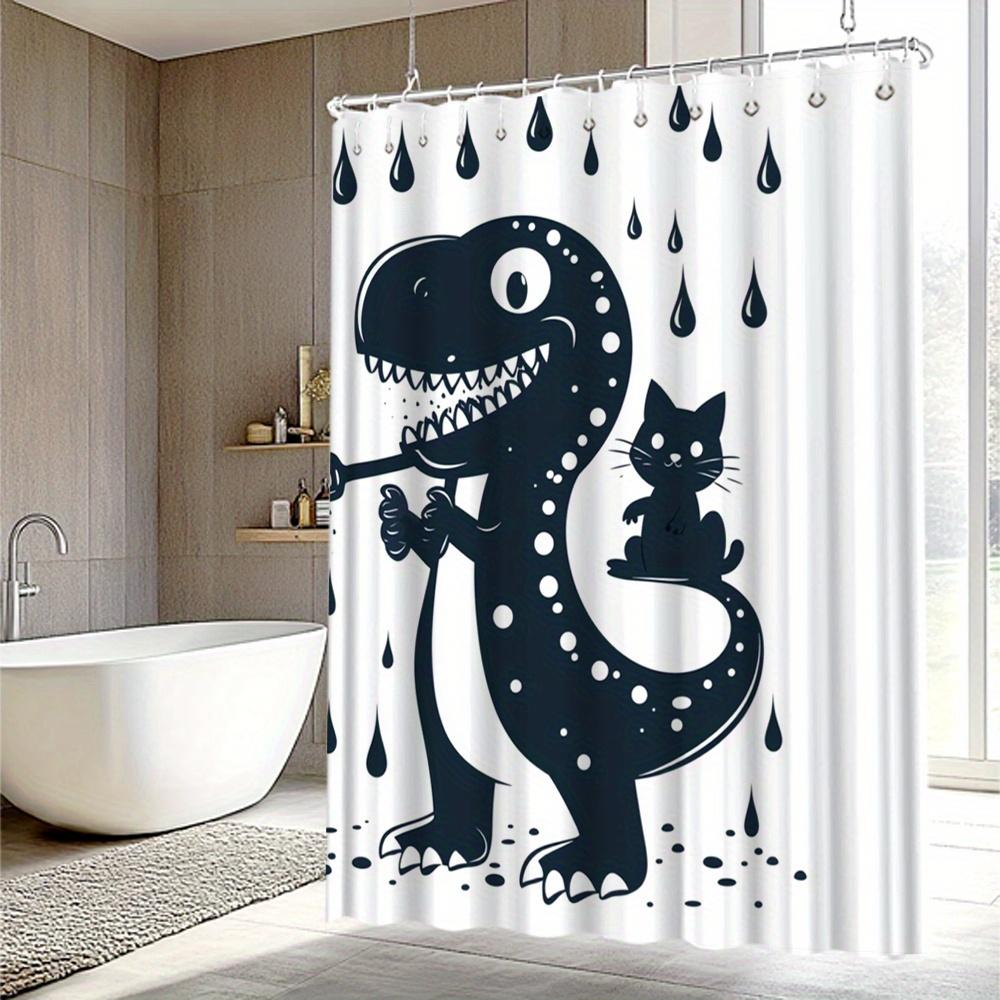 1Pc Funny Dinosaur & Cat Shower Curtain For Bathroom - Stylish Polyester Fabric With 12 Hooks, 70.8X70.8 Inches, White With Blac