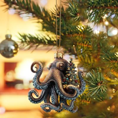 Yousheng Christmas Octopus Ornament Coastal Holiday Hanging Decoration 2D Acrylic Deep Sea Xmas Tree Ornament Nautical Gift for Ocean Lovers