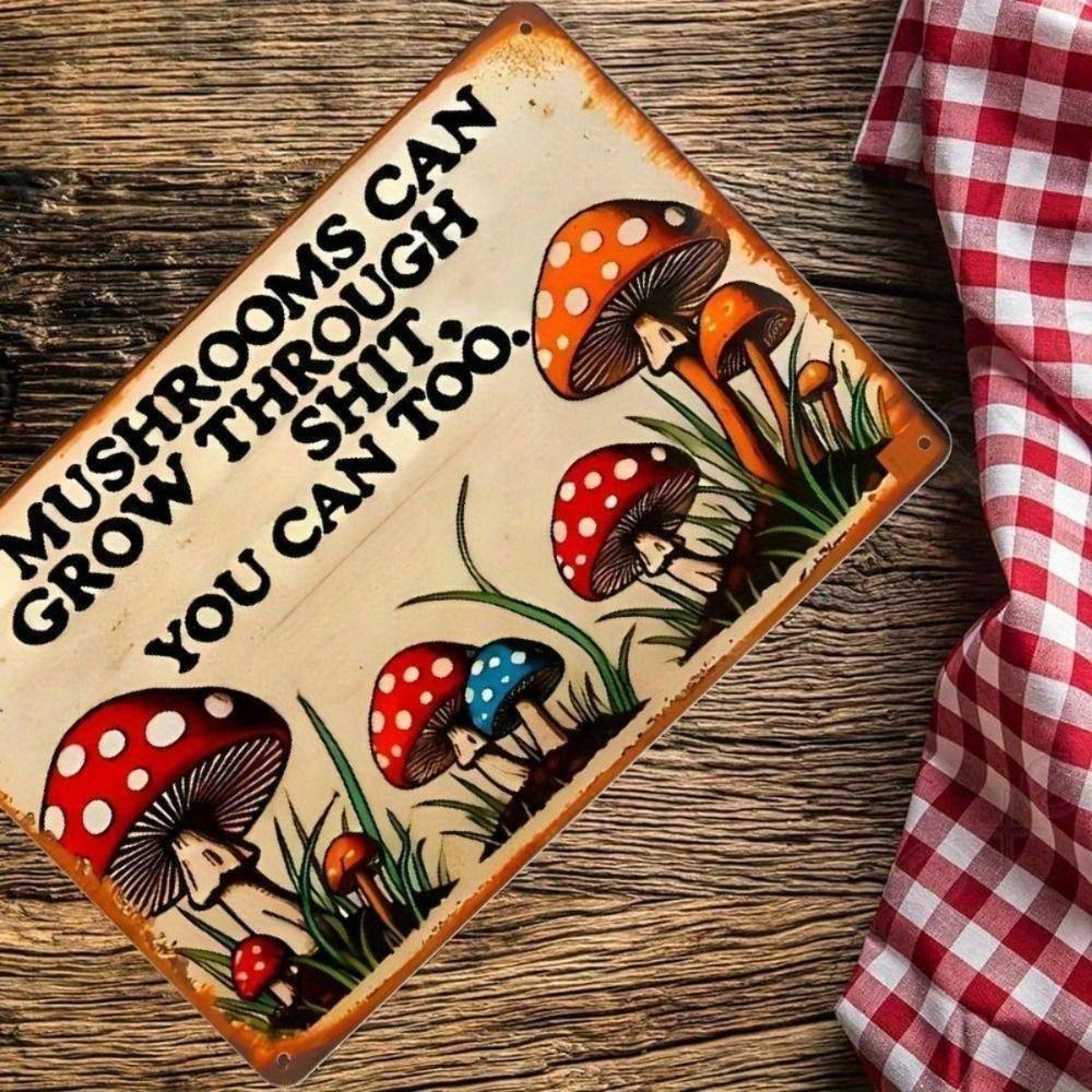 Metal Poster Mushroom Decor, Vintage 2D Sign for Wall, Funny Home Garden Art