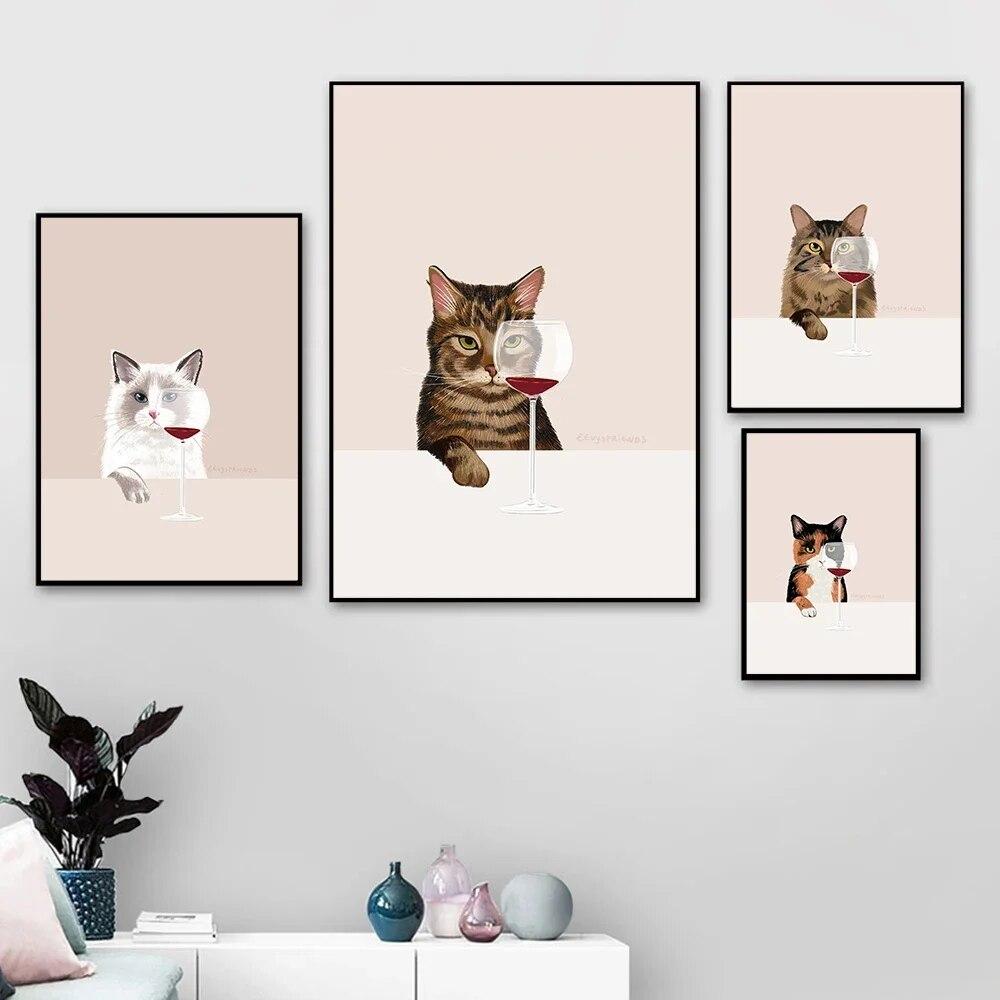 Funny Cat Poster White Cats Taste Red Wine Canvas Painting Cat Lover Gifts Kitchen Wall Art Pictures for Living Room Home Decor