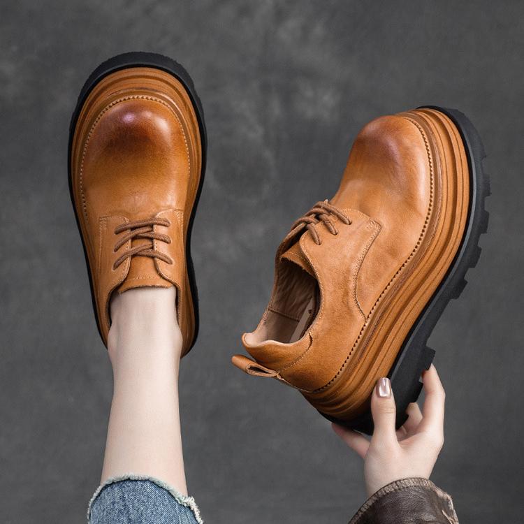 Johnature Zapatos de plataforma plana con suela gruesa y elevación retro, zapatos de mujer de moda versátiles con cordones y punta redonda