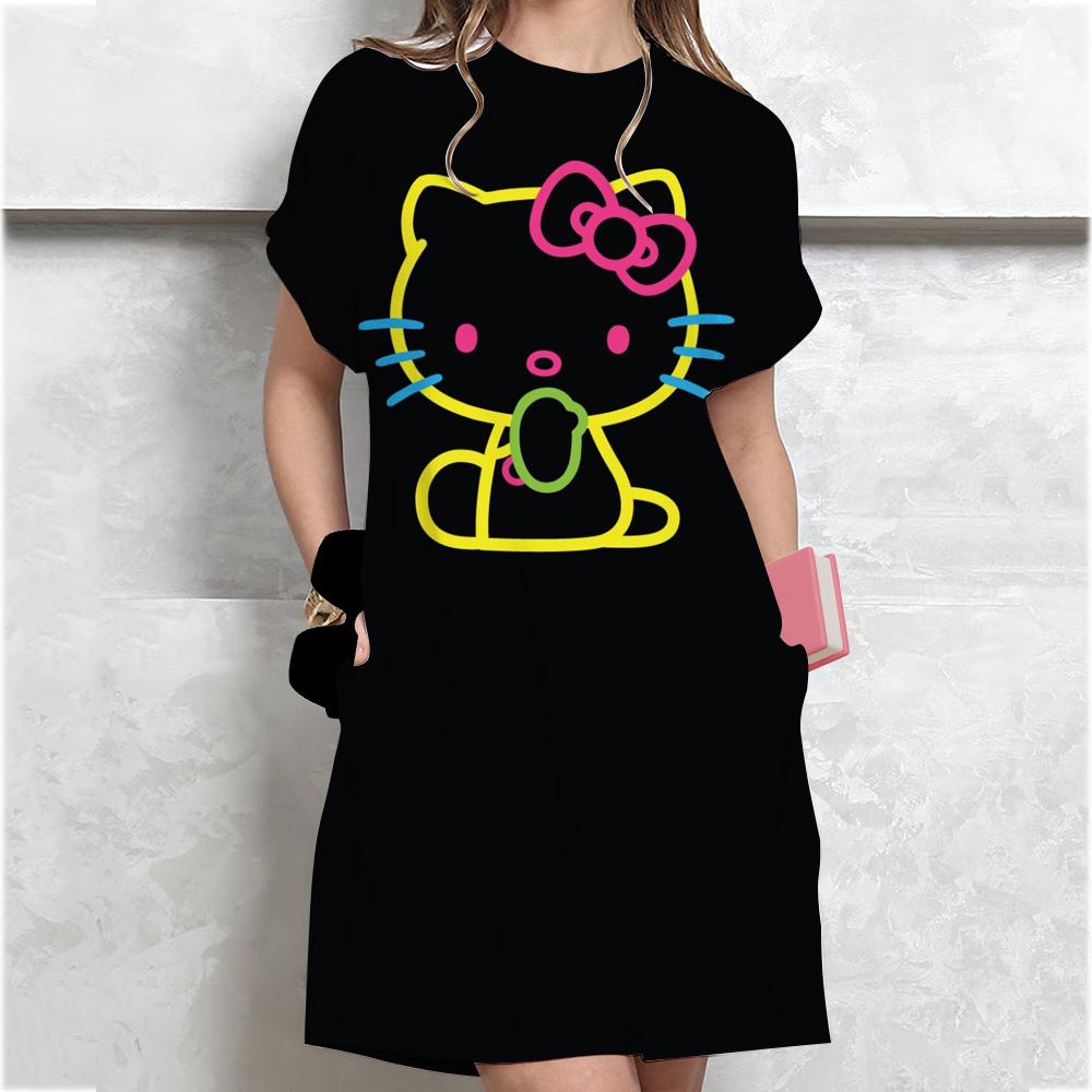 Korean-style Plus-size Hello Kitty print T-shirt Women's Summer Loose-fit Belly Covering Student Dress