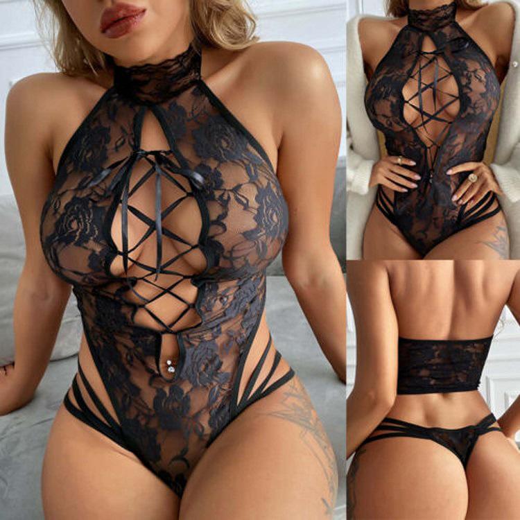 European & American Lace Strappy See-through Catwoman Bodysuit