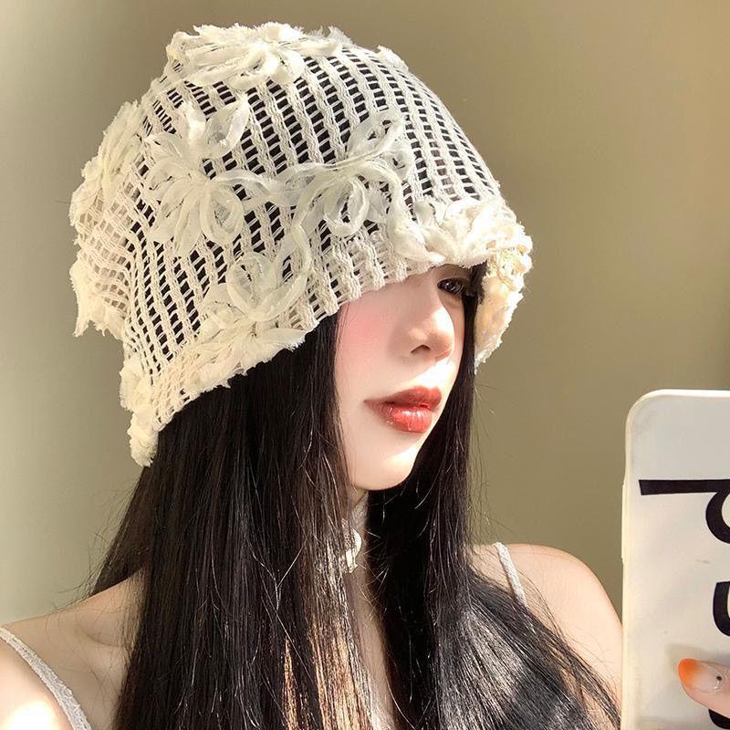 Women's Stylish 3D Floral Korean Style Hollow Slouchy Niche Hat Thin Breathable Large Head Circumference Head Wrap Cap