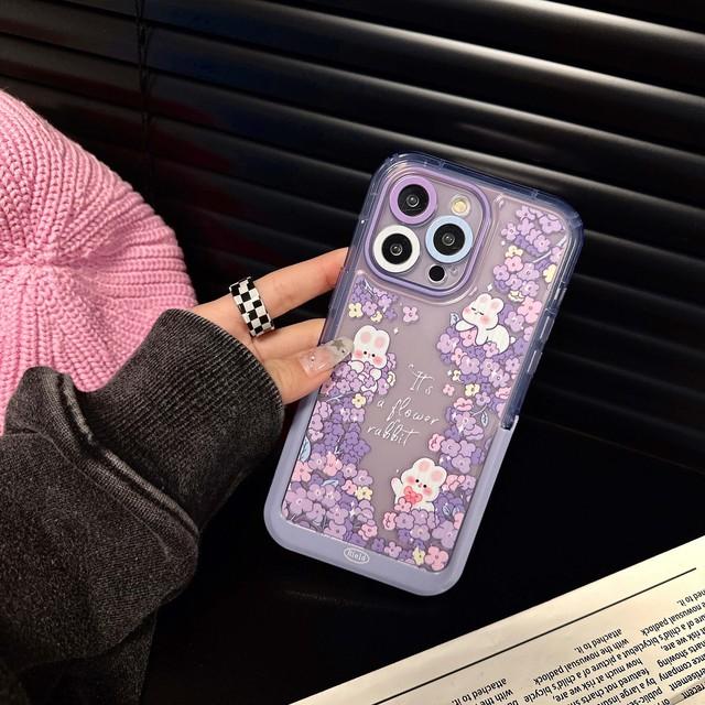 

Ins фиолетовый цветок кролик милый кролик рельеф мультфильм задняя крышка для Iphone 13 11 Promax 12 14 Pro Max чехол-держатель для телефона For iphone 14plus