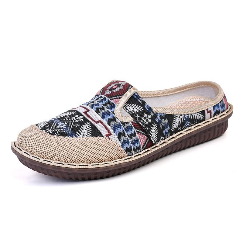 Womens Slip-On Flat Shoes With Rubber Sole Breathable Linen Upper Comfortable Non-Slip Casual Mom