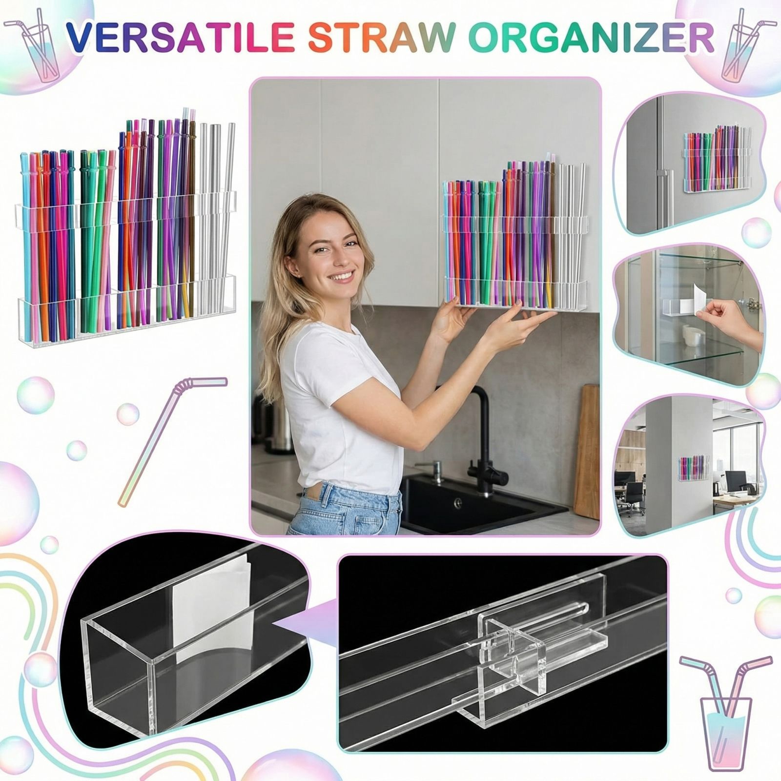 

Acrylic Straw Holder With Double-Sided Adhesive Adjustable Height Storage Rack one size білий
