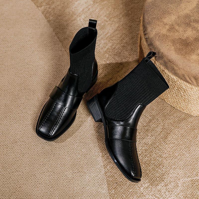 Elastic Socks Boots Knitted Short Boots 2025 New Autumn and Winter Retro Brown Low-heeled Medium Boots Square Head Thick Heel Thin Boots