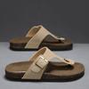 Leather Upper Cork TPR Soft Sole Men's Flip Flops Adjustable Buckle Slip On Flat Slippers with Arch Support Outdoor Beach Slides