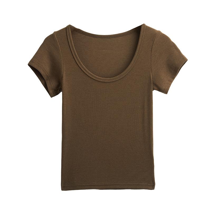 Modal low u-neck threaded front shoulder short-sleeved women's t-shirt summer women's clothing high-end Korean Spice Girl bottoming slim top