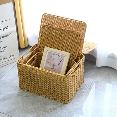With Lid Woven Storage Basket Rectangular Laundry Baskets Premium Rattan Storage Box Household