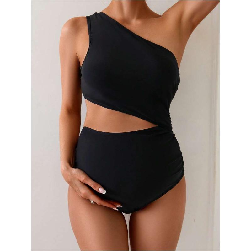 

Pregnant Woman One-shoulder All-in-one Swimming Suit, Pure Color, Open Waist, Sexy, Tight-fitting Swimming Suit for Women S чёрный