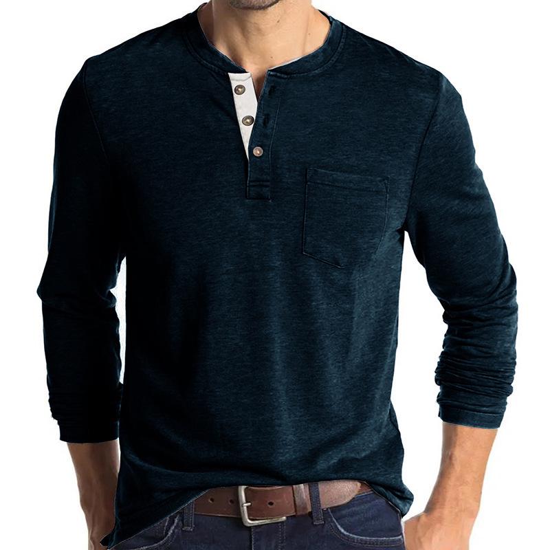 Men's Long-Sleeve Henley Crew Neck T-Shirt for Autumn and Winter