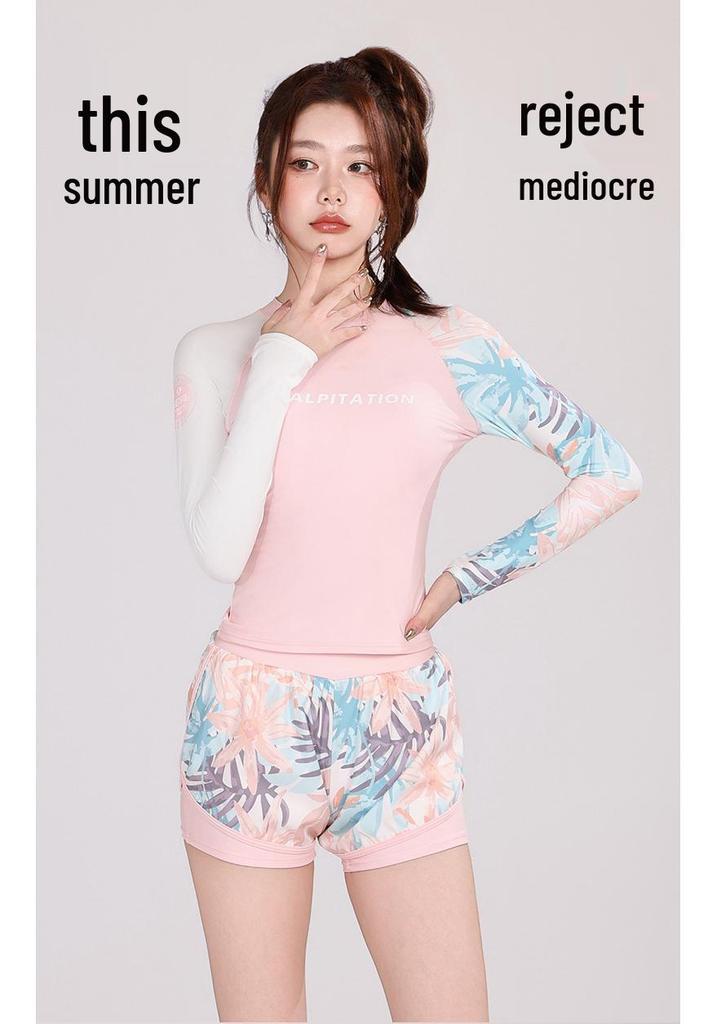 Hao Zhi Lang Women's Pink Long-Sleeve Swimsuit with Boy Shorts - Nylon Swimwear for Pools