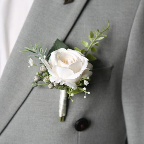 White Rose Boutonniere And Wrist Corsage Set European Rustic Silk Flower for Bride Bridesmaid Groom Groomsman Wedding Party Decor