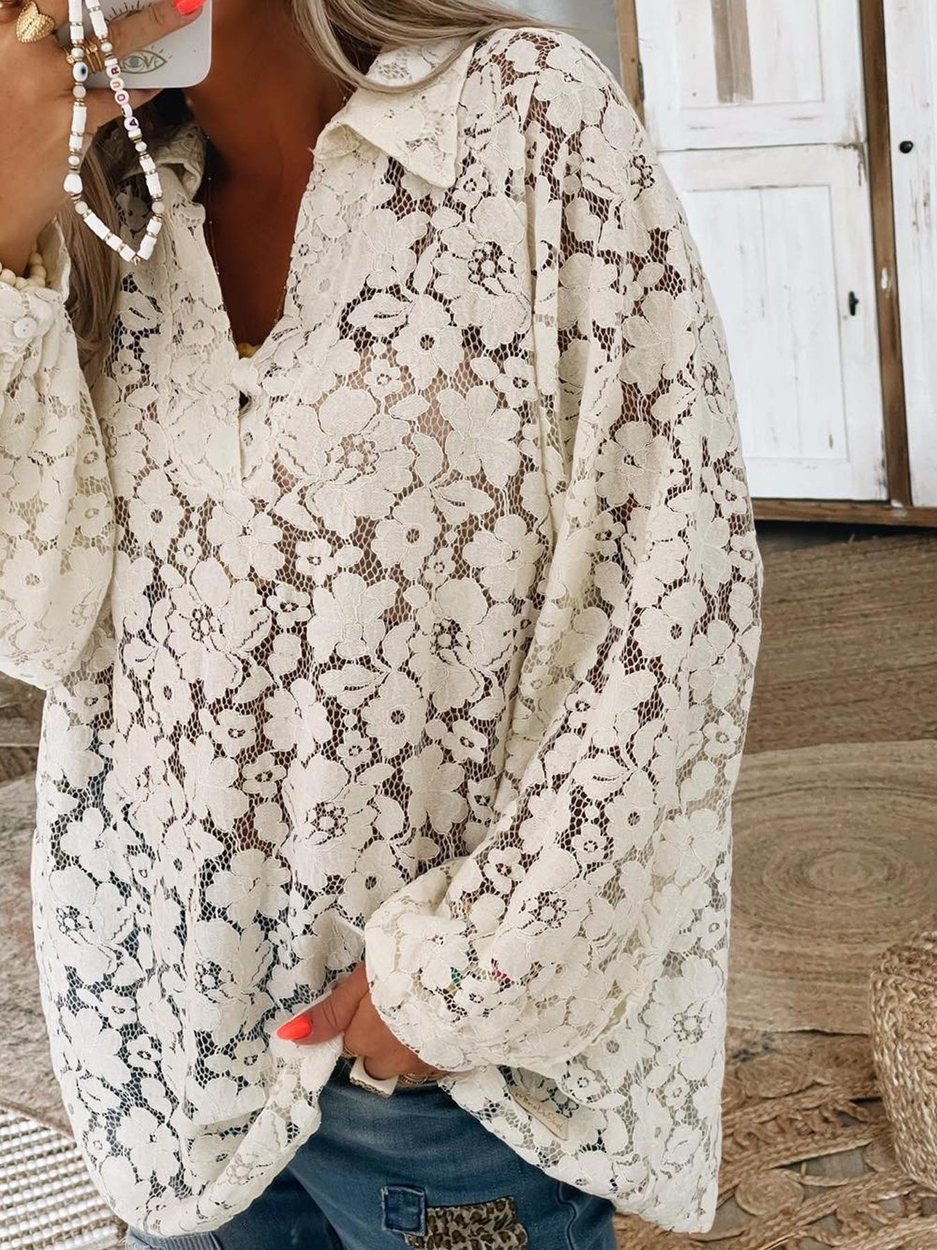 Plus Size Floral Print Women s Casual Hollow Shirt 2XL абрикосовый