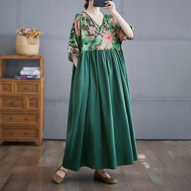 Cotton and Linen Summer Patchwork Retro Style Dress Long Skirt