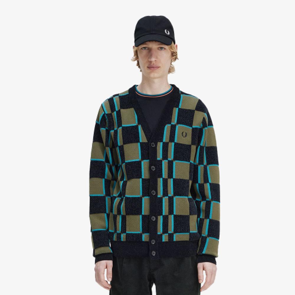 

Fred Perry [sharp] Glitch Checkerboard Cardigan Uniform Green Black Afpm2336512 Q41 XL