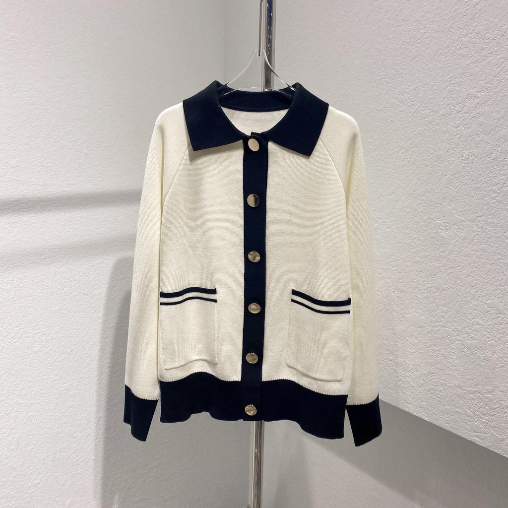 Little Coco French Style Contrast Wool Knit Cardigan Sweater - Casual Women's Top with New Design Sense.