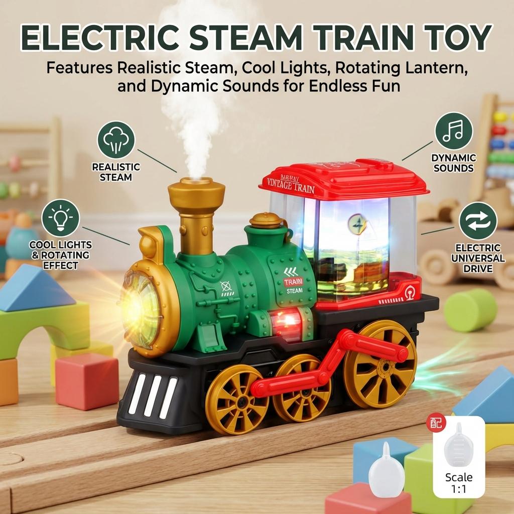 Electric Toy Train For Kids With Light Music And Mist Function Vintage Design 18x9.5x14cm ABS Material