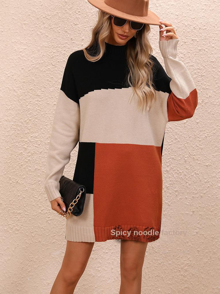 Fall Winter New Arrivals Patchwork Imported Dress Long Sleeve Knit Sweater Women