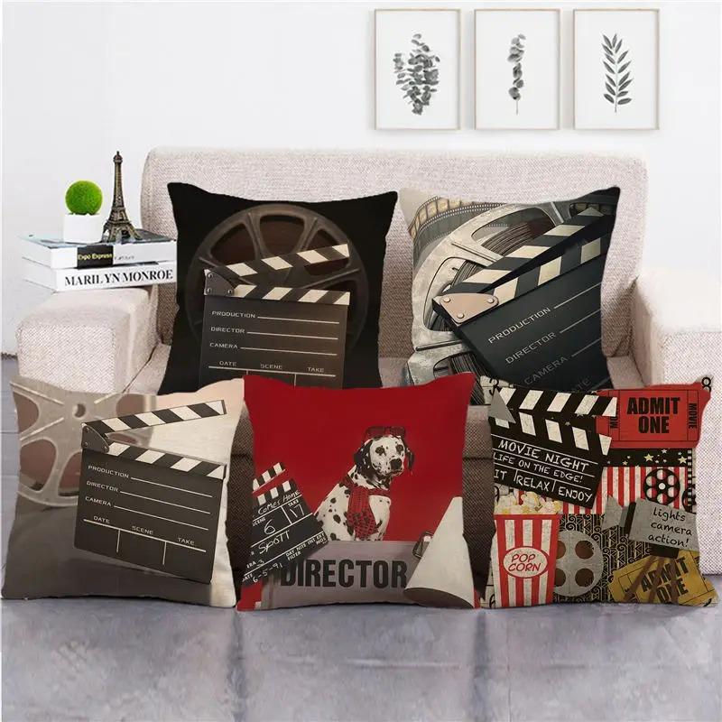 Vintage Cinema Movie Theme Pillow Cover Cushion Cover Film Throw Pillow Case For Home Theater Sofa Decor Peach Skin 1 Pc 40X40