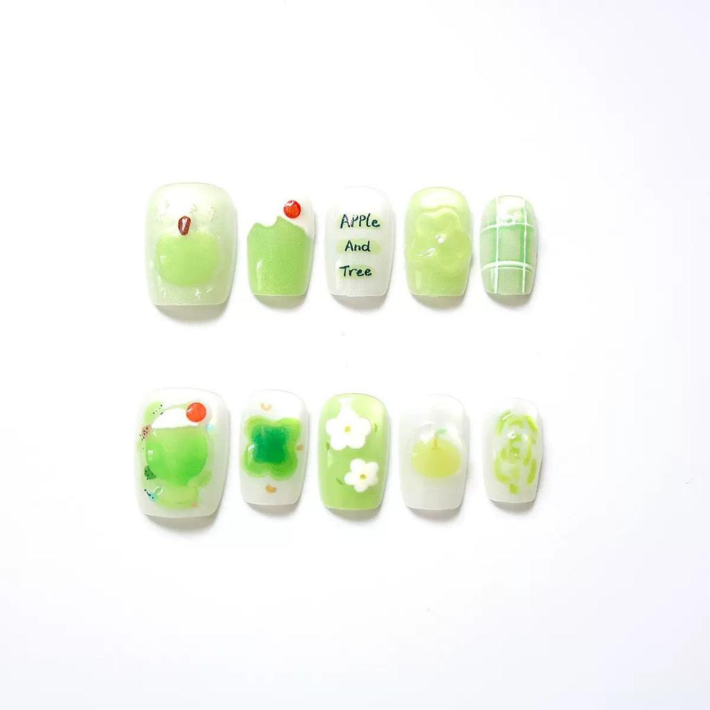 Ice Translucent Green Apple Glitter Press-On Nails with Cat Eye Art Stickers