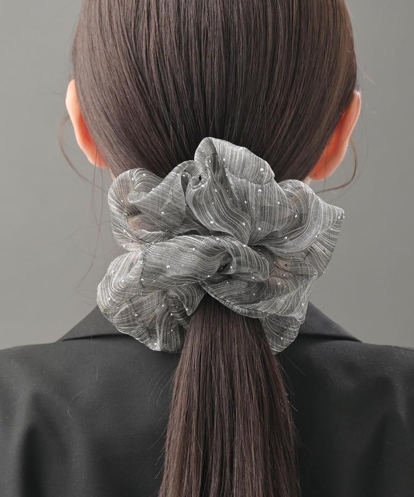 VINGTAINE Scrunchie, Organza, Gray, Studs, Stones, Volume, Gorgeous, Chic, Mature, HS-213