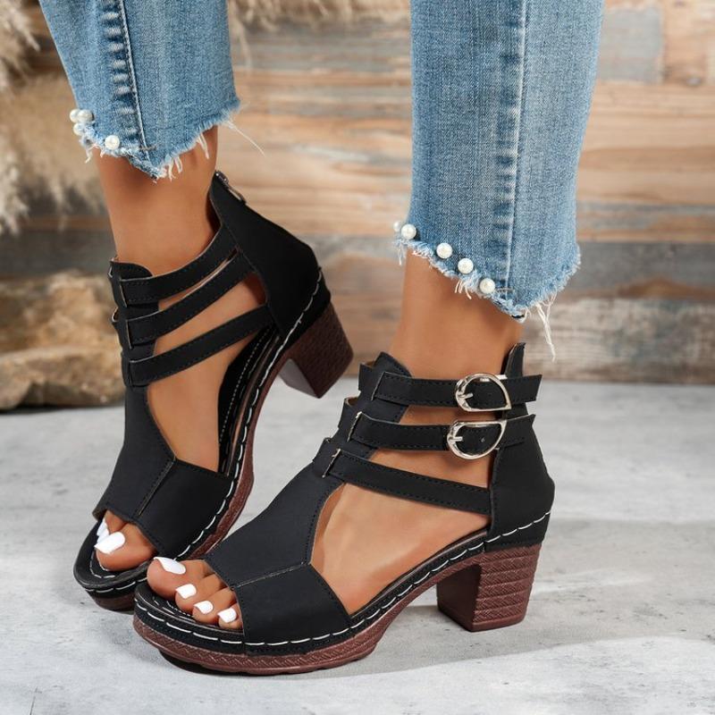 New Summer Mid-heel Sandals Large Size Thick Heel Rear Zipper Open-toed Sandals Women