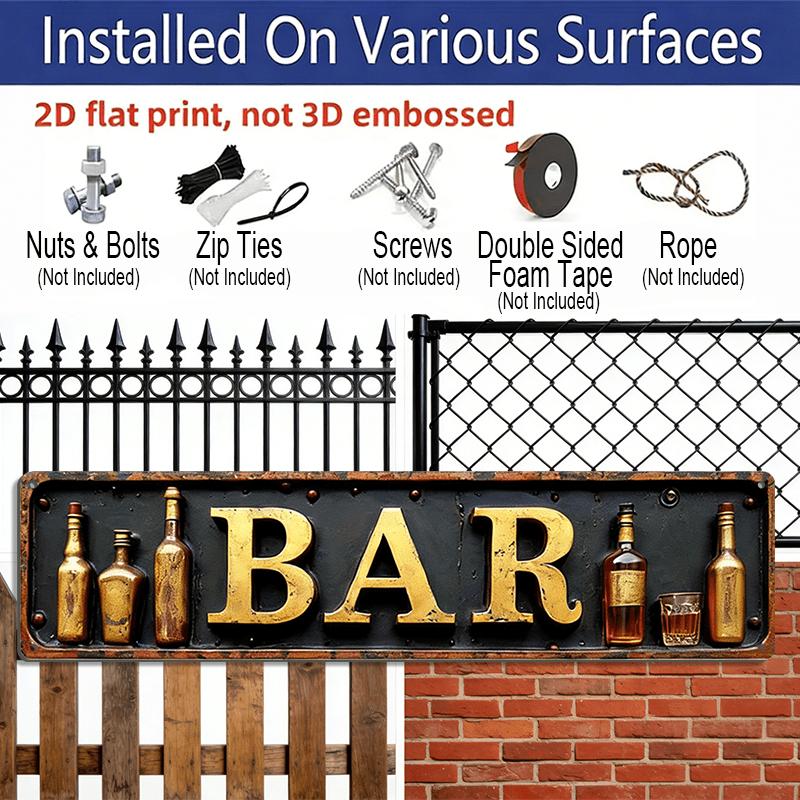 2D Flach, Pack Vintage BAR Metallwandschild - Langlebige Retro-Dekoration mit Vintage-Goldbuchstaben & Einfache Montage, Keine Verkabelung erforderlich Aluminium