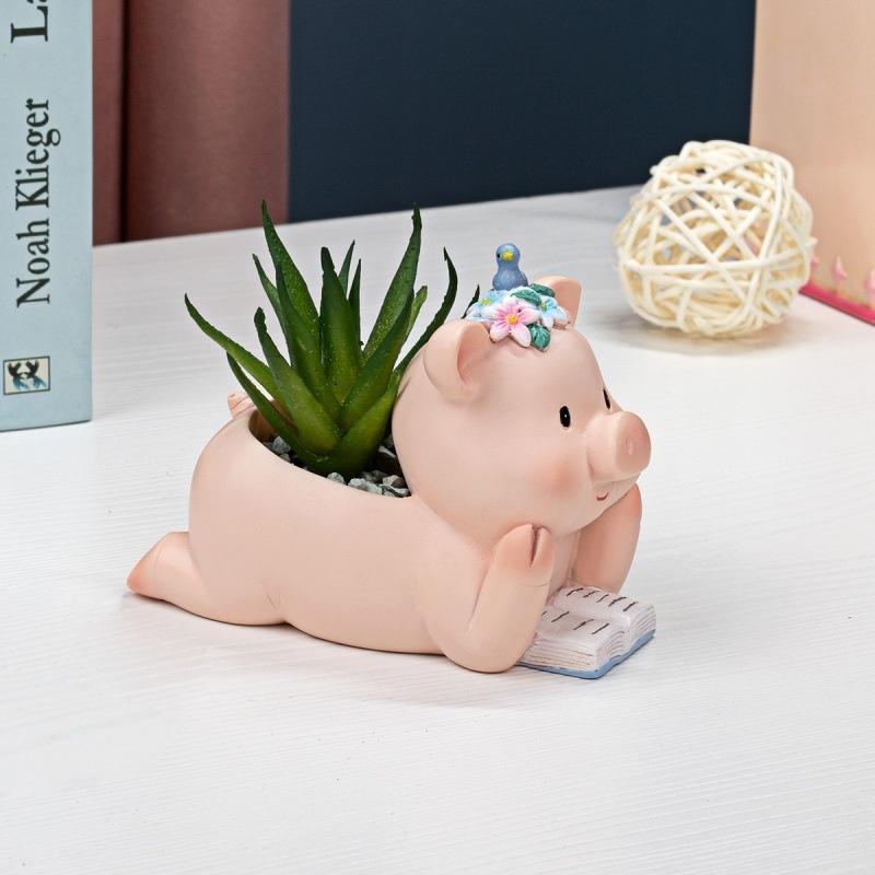 Cute Pig Resin Flower Pot Cartoon Animal Succulent Flower Pot Desktop Plants Pot Cactus Potted Home Decoration Ornaments Gift