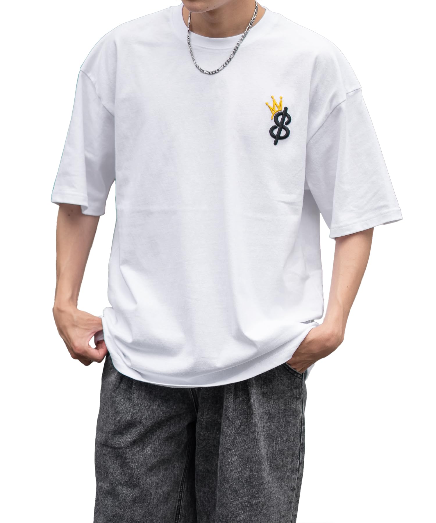 

IMPROMES Casual SIDEWAYSTANCE Men s White Short Sleeve T-Shirt with Thick Embroidered Crown S Logo