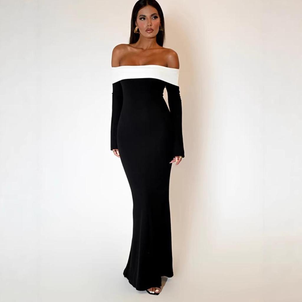 2025 French Fashion Color Block One-Shoulder Bodycon Mermaid Dress