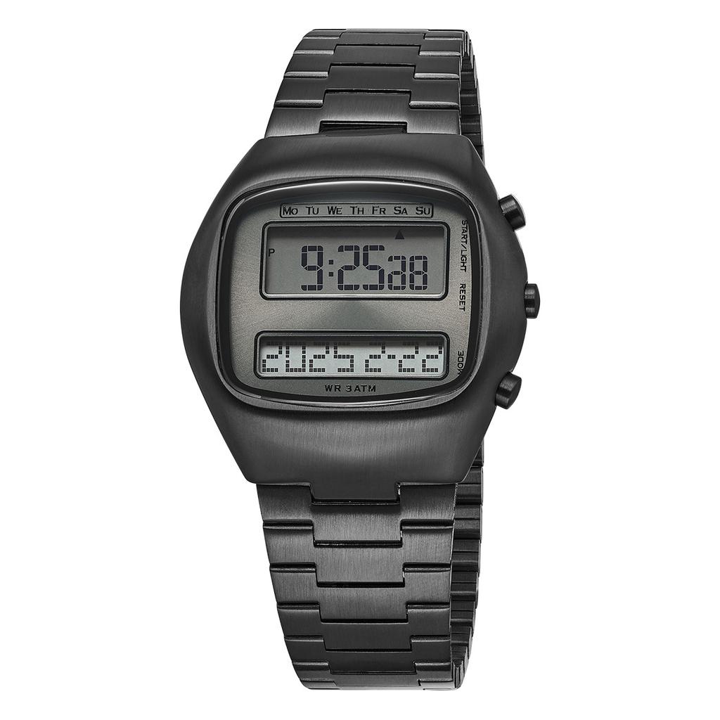 Unisex Retro Digital Wristwatch Dual-Display Stainless Steel Strap Men's Wristwatch with Backlight Calendar Date Month Year Day