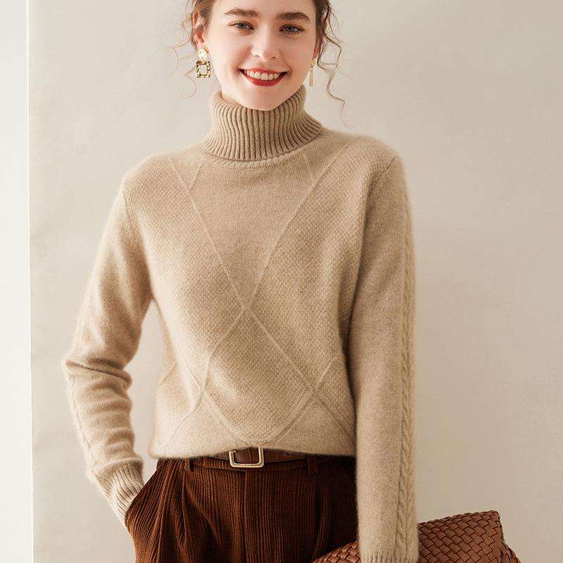 Cashmere Women's High-Neck Diamond Pattern Knit Sweater - Thickened Base Layer for Autumn/Winter Fashion