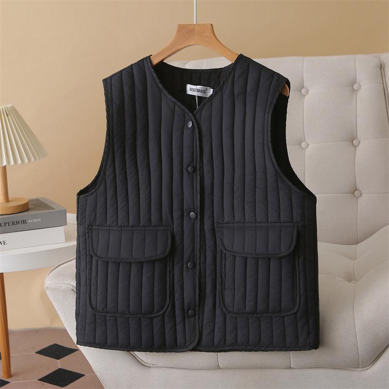 

2025 Autumn/Winter Plus Size Vertical Stripe Lightweight Padded Vest for Slimming Chubby Girls, Style 1754 4XL чёрный